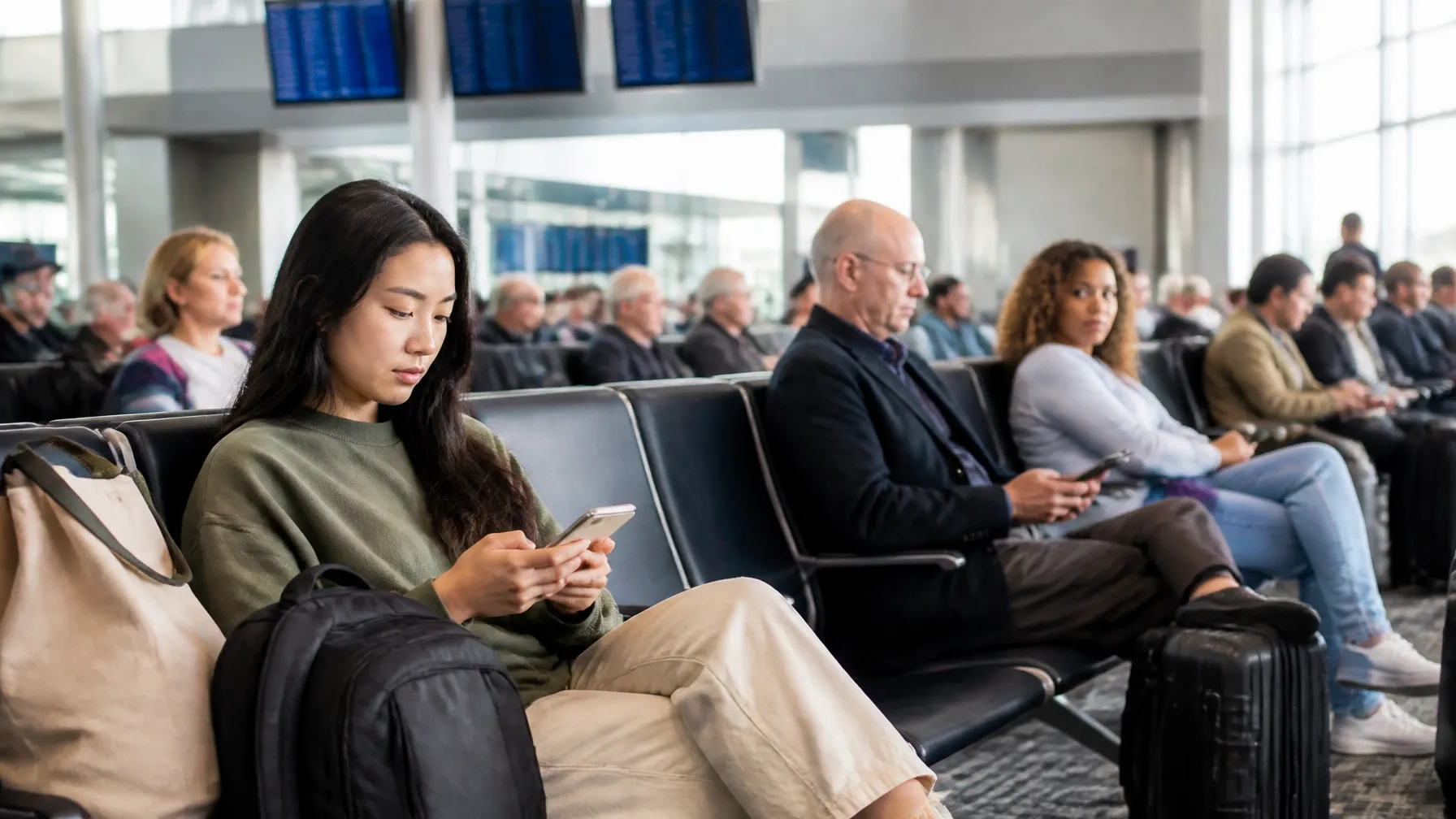 Traveler using a smartphone in a contemporary airport terminal gate area