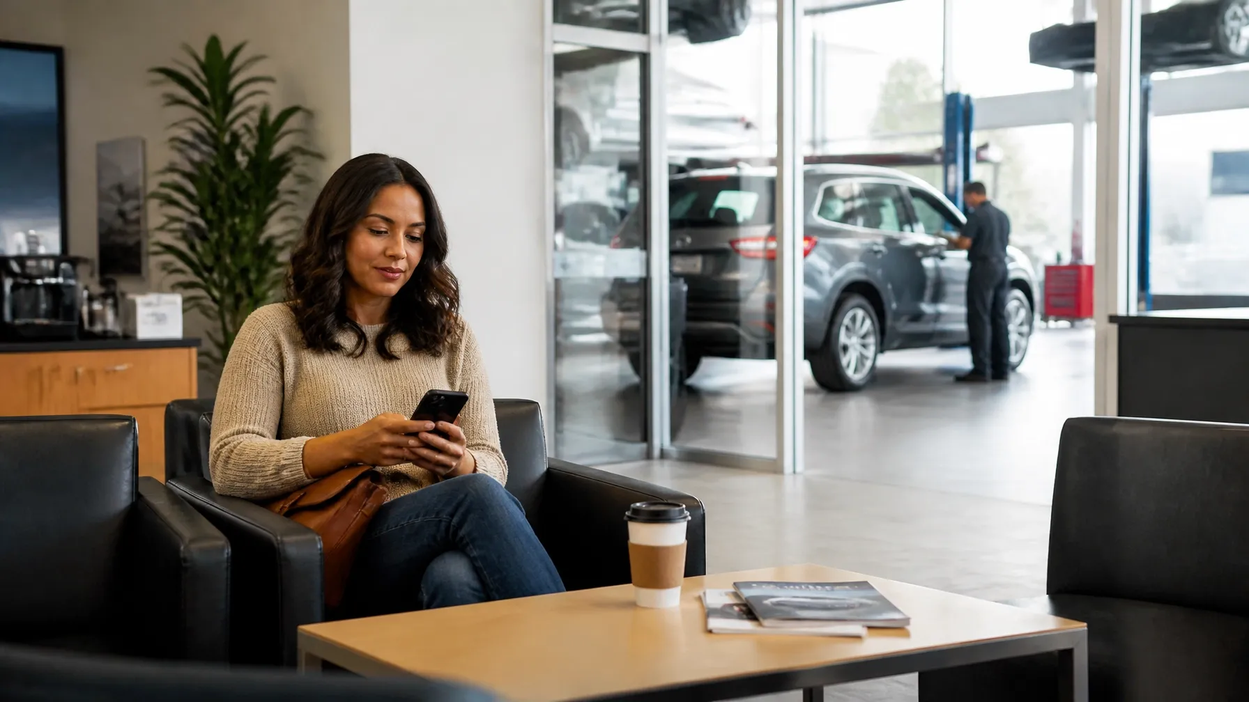 Dealership customer using a smartphone in a modern service lounge with vehicles visible
