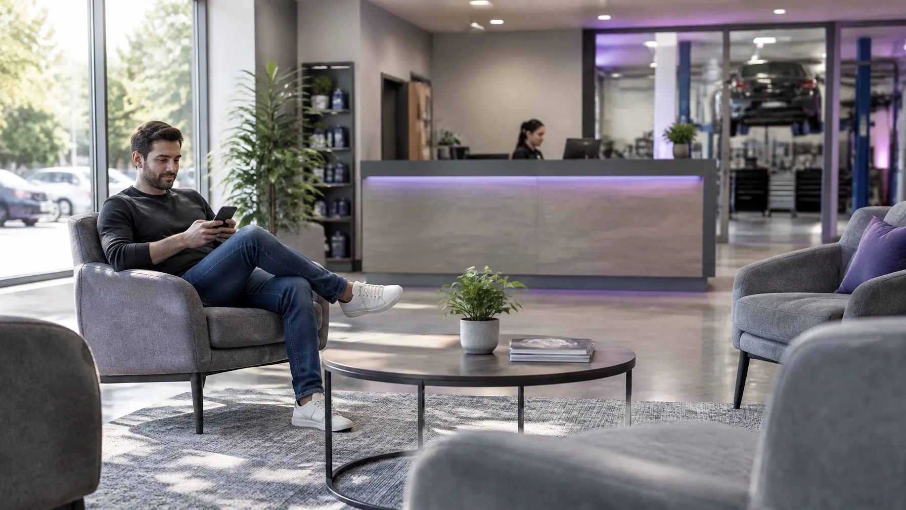 Auto service center waiting lounge with a customer checking their phone while a service bay is visible behind them
