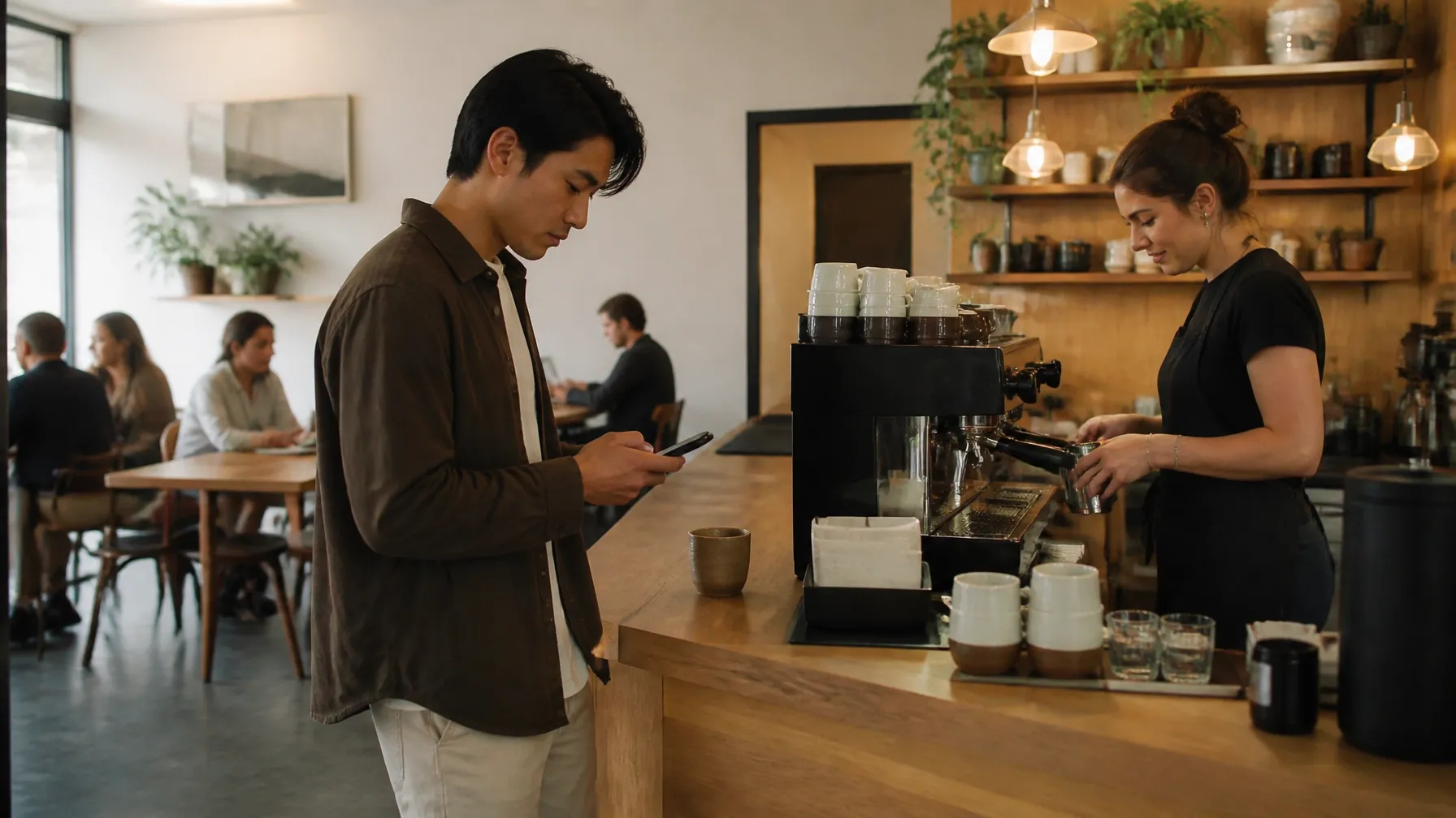 Café guest using a smartphone while waiting near a contemporary espresso bar