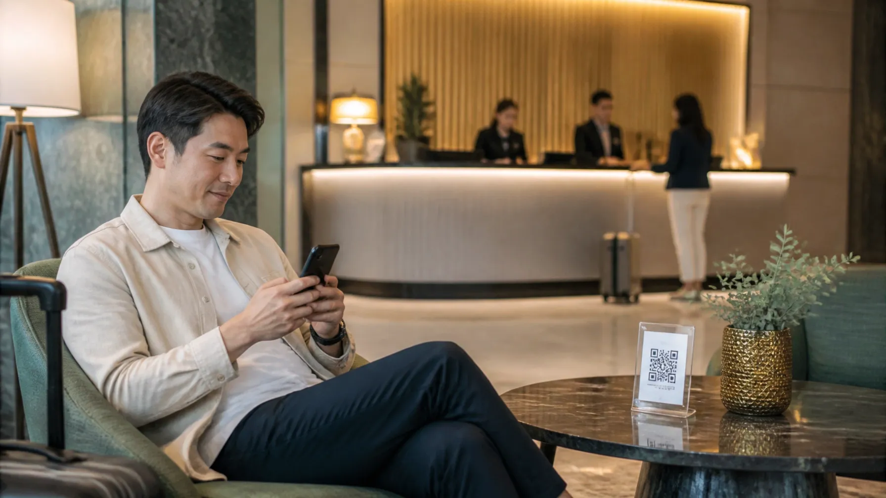 Hotel guest using a smartphone at a lobby table beside a natural QR information display