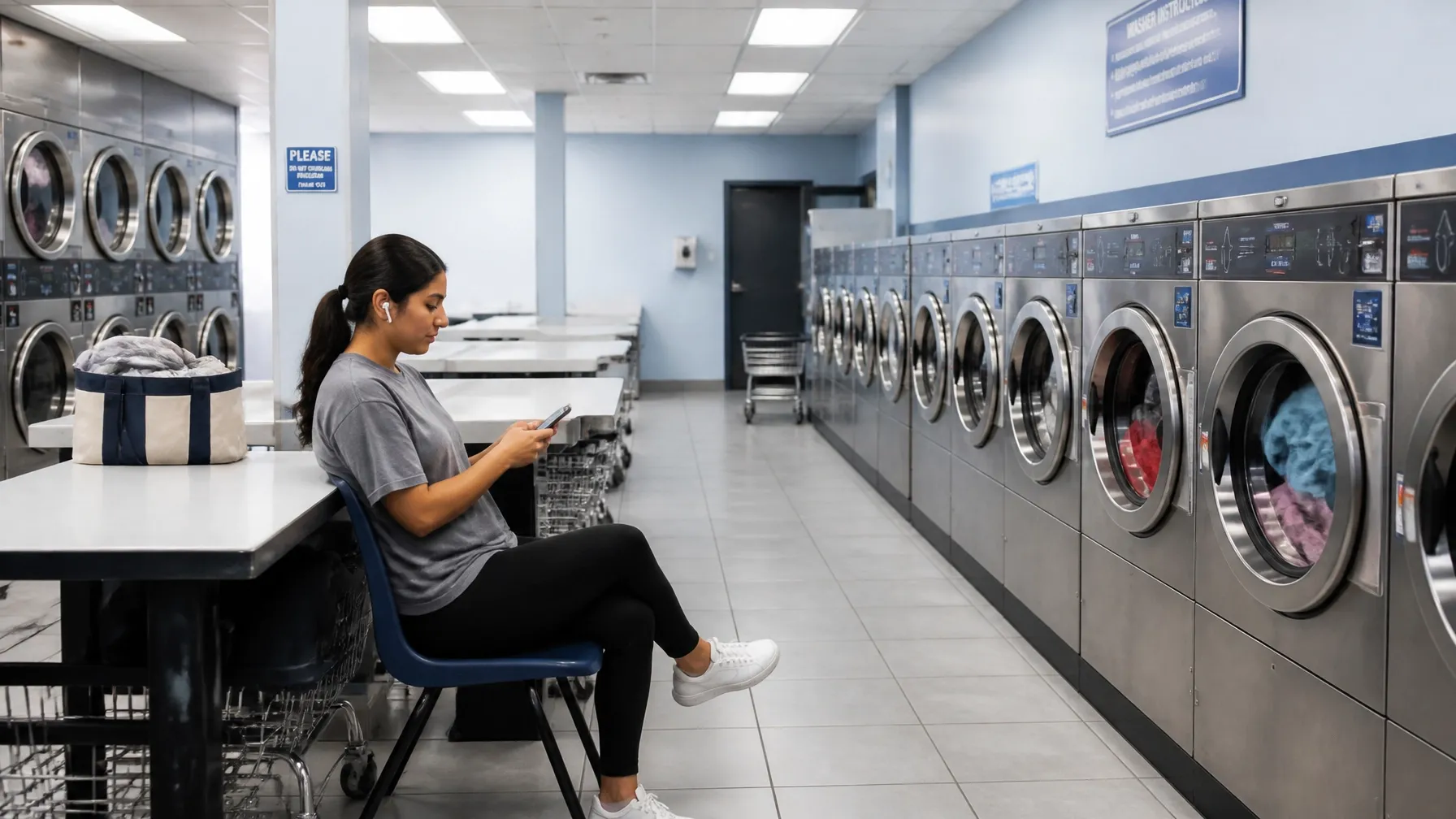 Customer using a smartphone in a clean modern laundromat with washers and dryers