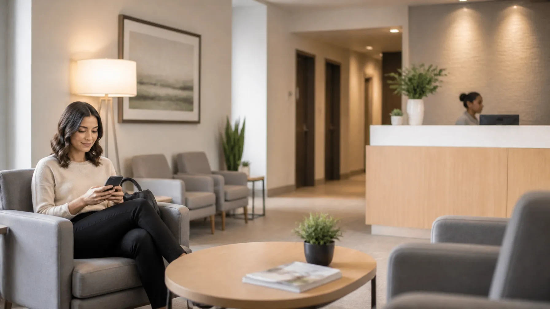Customer using a smartphone in a contemporary professional waiting area