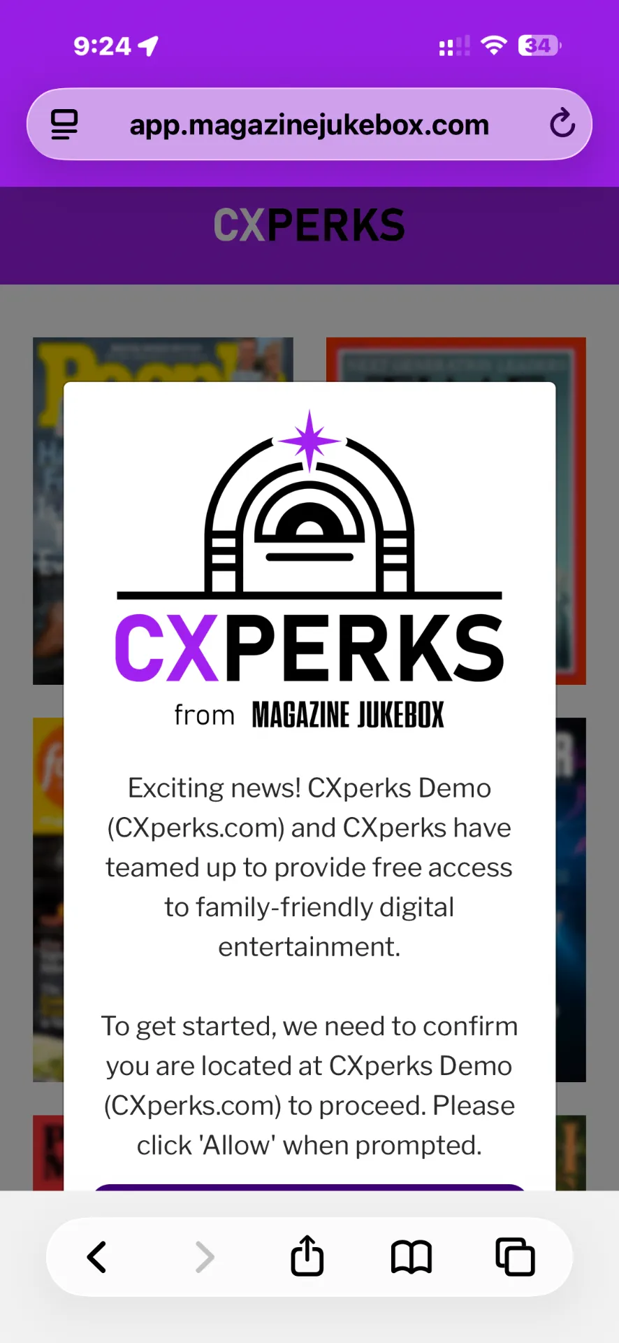 CXperks mobile welcome screen showing a confirmation message over magazine, game, and trivia previews