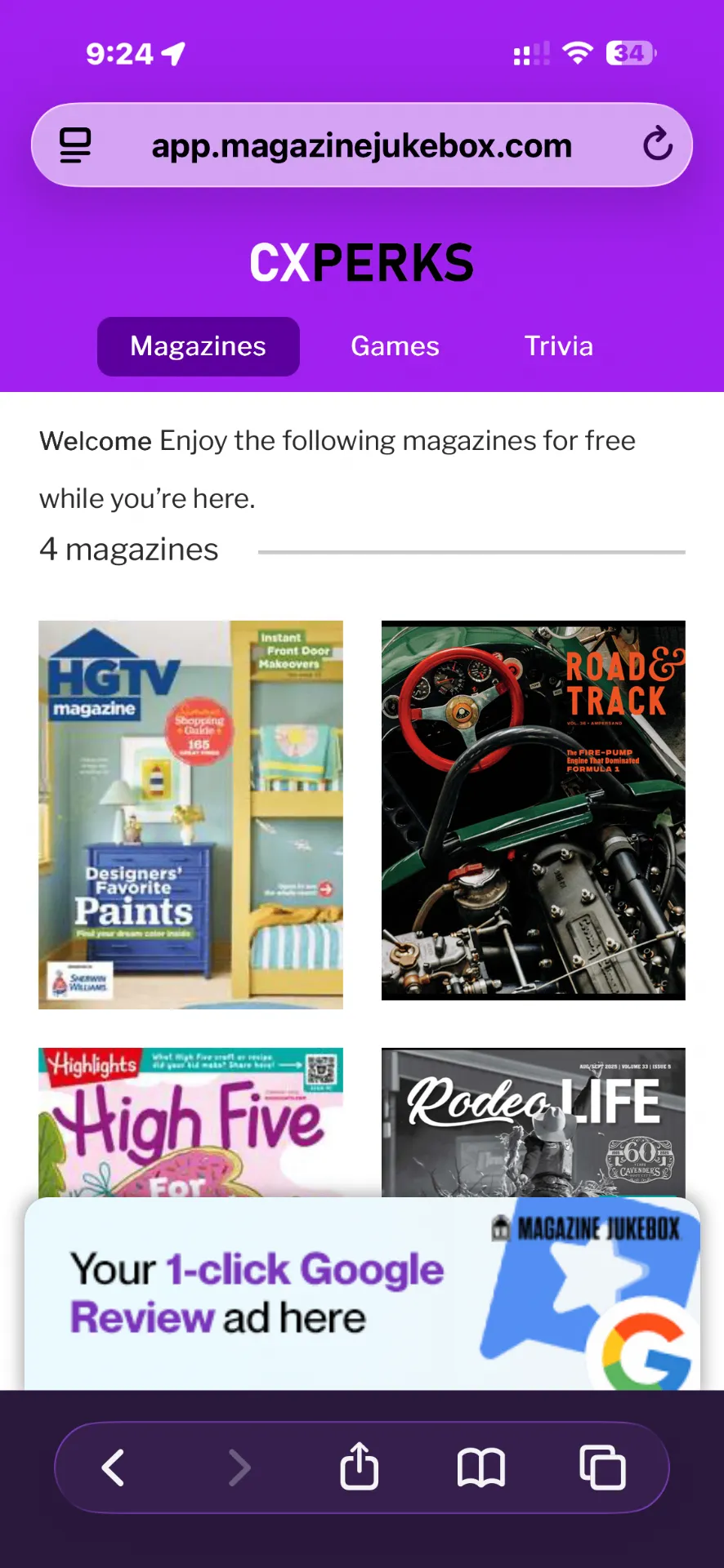 CXperks mobile experience showing the Magazines tab with magazine covers and a promotional review banner
