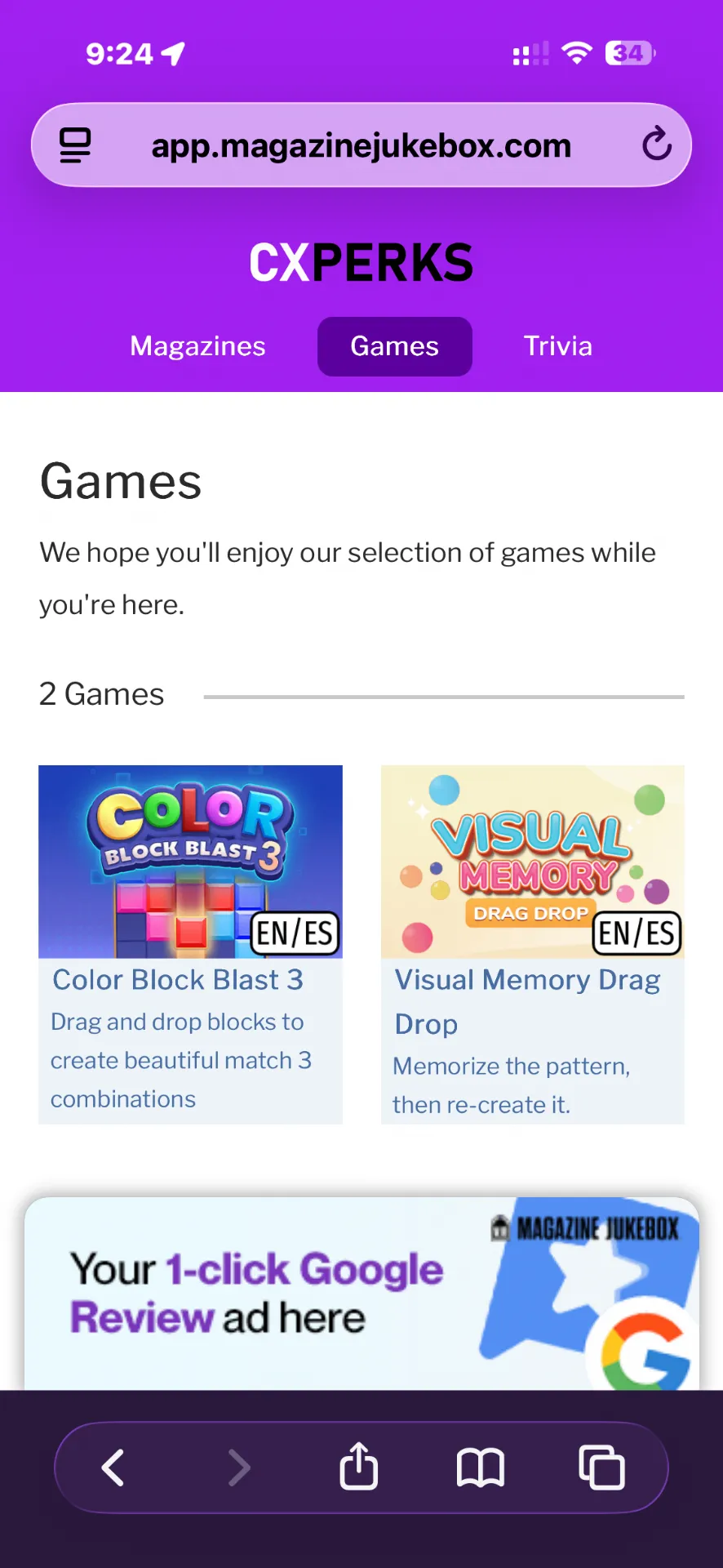 CXperks mobile Games tab showing Color Block Blast 3 and Visual Memory Drag Drop game cards