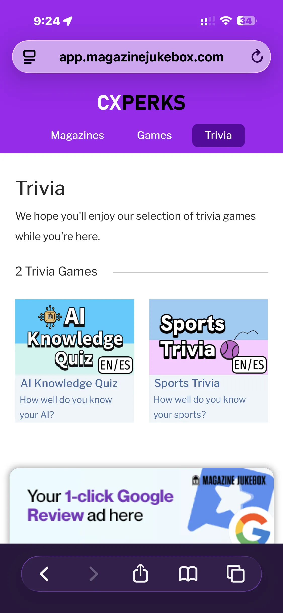 CXperks mobile Trivia tab showing AI Knowledge Quiz and Sports Trivia game cards