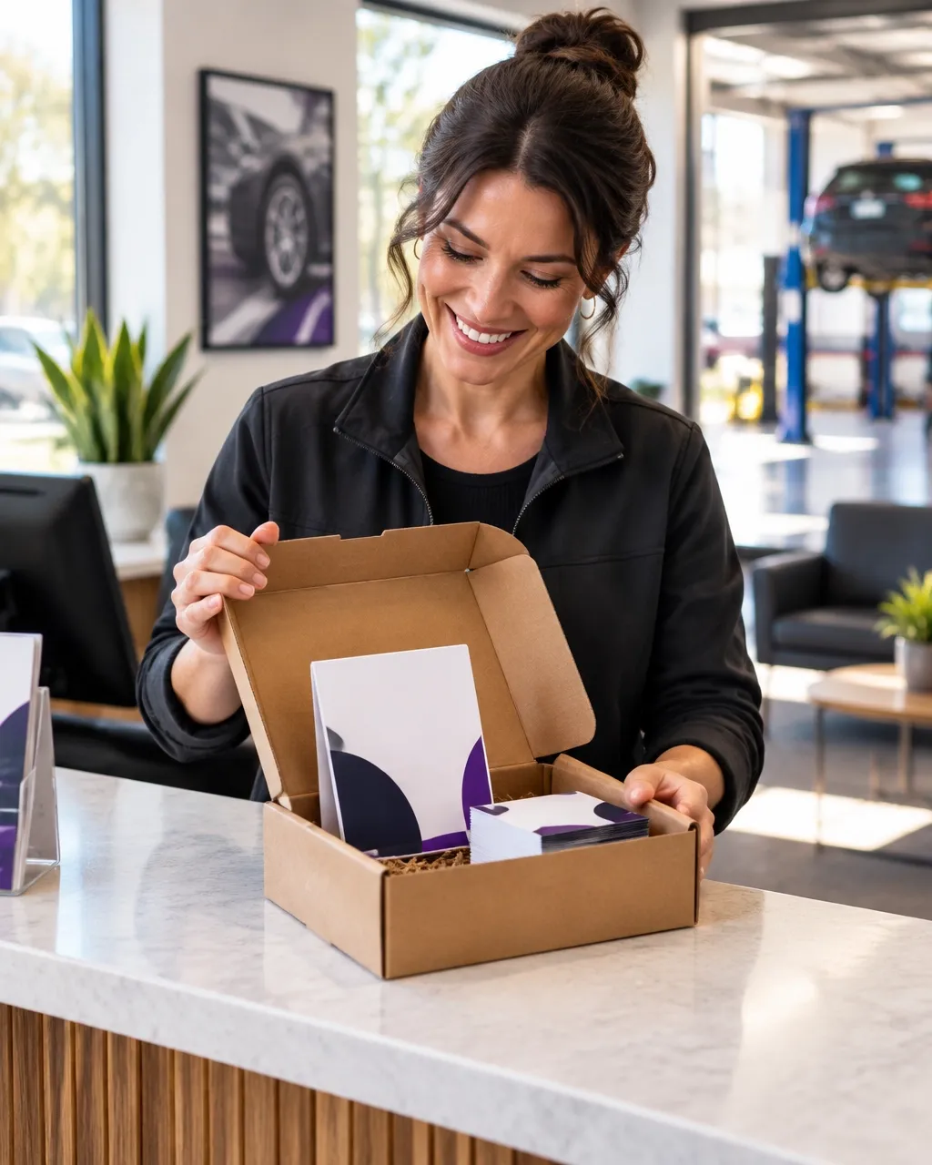Business owner opening a delivered package of customer-facing CXperks collateral.